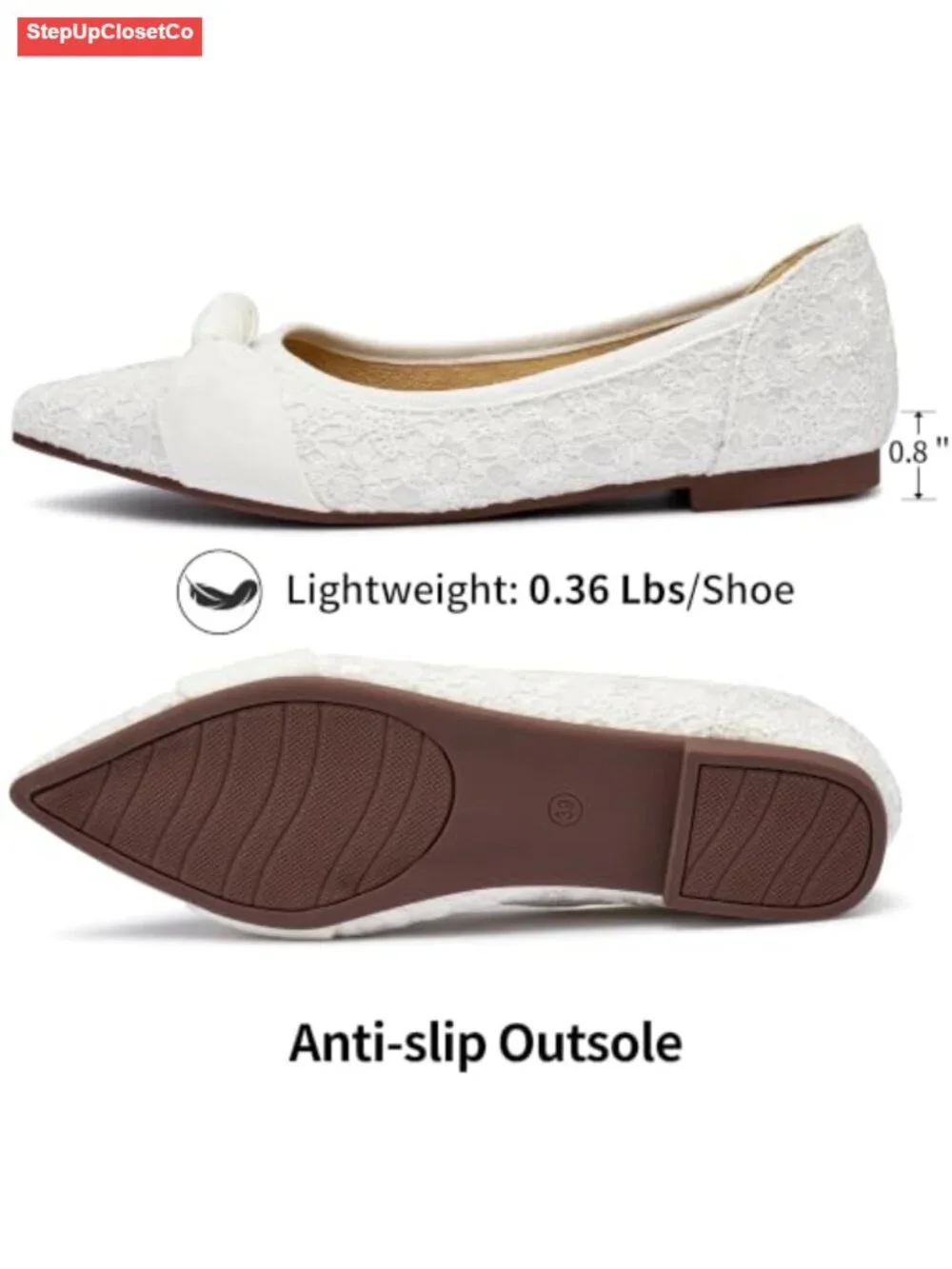 Women's Lace Ballet Flats - Pointed Toe Bow Knot Dress Shoes for Wedding